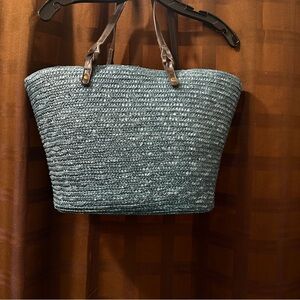 Neiman Marcus Rattan Tote Bag with Faux Leather Handles